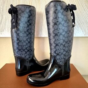 Coach Tristee Black Grey Knee High Winter Rain Boots US 8